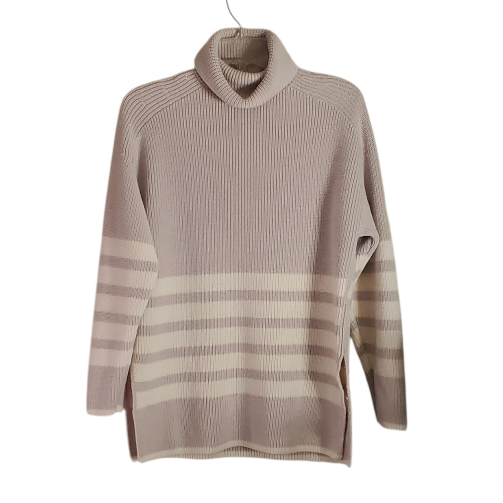 COS Wool Cotton Blend Roll Neck Stripe Knit Pullover Sweater Tan Cream Cozy Warm